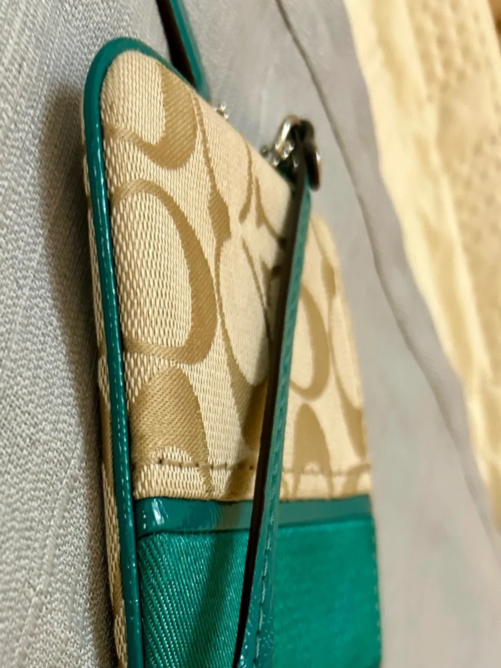 Coach Signature Stripe Wristlet (Style F49174) khaki/bright jade color combo